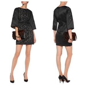 MAJE REBECCA EMBELLISHED SHEATH 3/4 SLEEVE SATIN MINI DRESS IN BLACK SZ 3/L
